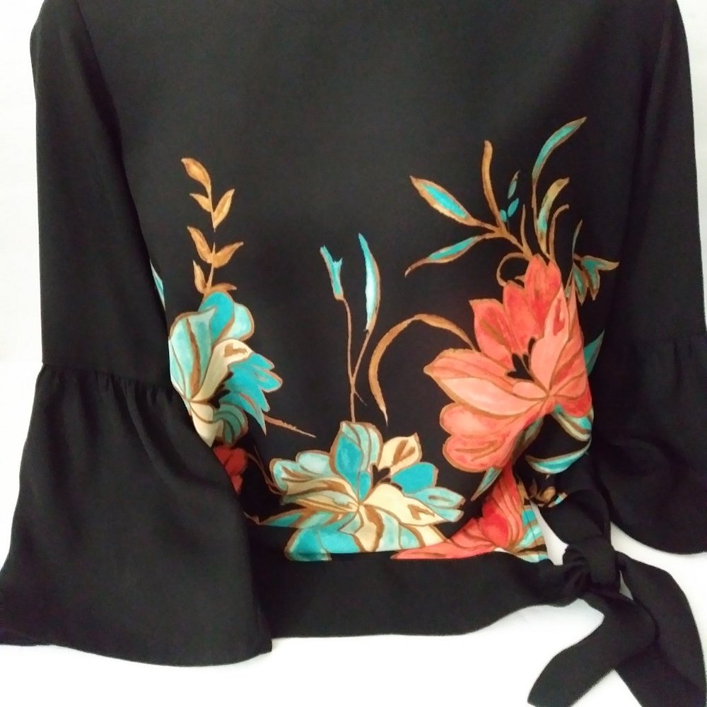 JM Collection Black Floral Blouse 3/4 Sleeve - Picture 5 of 12